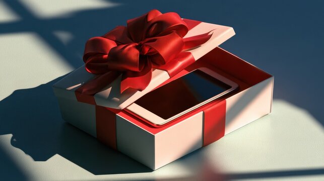 Gift box with smartphone and red ribbon bow in soft light for modern present idea