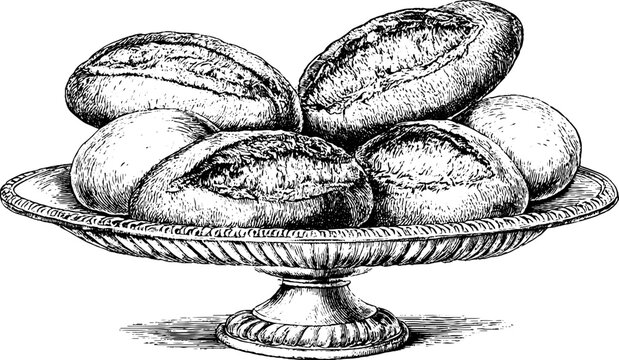 Antique engraving of bread rolls with scored tops on a decorative bakery tray for vintage culinary banner and food background