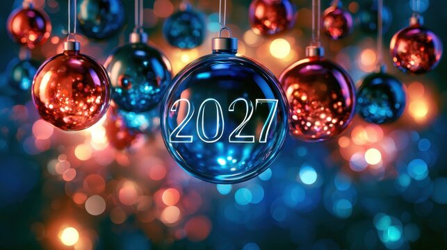 Festive Christmas ornaments and baubles with 2027 New Year lights and colorful bokeh background