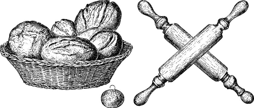Antique engraved bread basket with assorted rolls and crossed rolling pins isolated on white background for vintage baking label and kitchen decor design