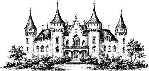 Fototapeta premium Antique engraved fairytale castle with multiple turrets and formal facade for historical background or poster and book design