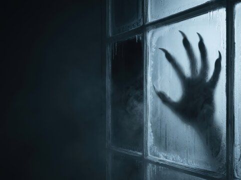 Cinematic horror banner featuring a monster claw silhouette behind frosted glass with condensation and ice, atmospheric suspense background with large copy space for messaging.