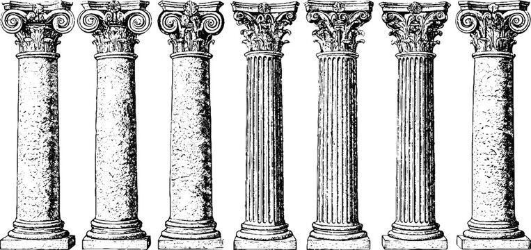 Antique engraved set of classical column pillars with varied capitals isolated on white for architectural background and restoration banner design