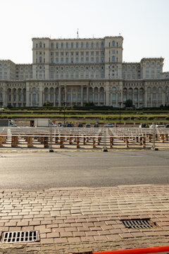 Palace of the Parliament in Bucharest under daylight with event setup
