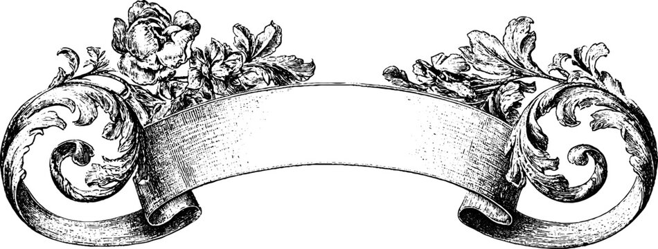 Antique engraved floral ribbon banner frame with roses for vintage label and decorative header element for print and packaging