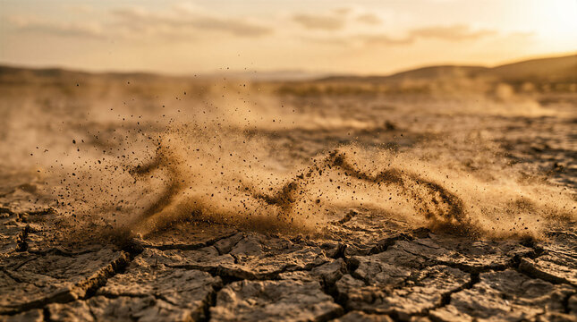 Dust and sand swirling over cracked dry earth in desert at sunset. Drought and arid climate concept with wind erosion on barren soil. Global warming and desertification effect