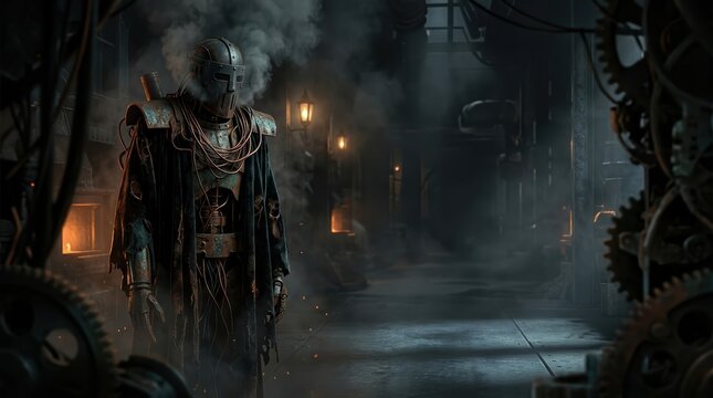 Industrial gothic horror banner featuring rusted mechanical effigy in derelict foundry with atmospheric smoke and wide copy space.
