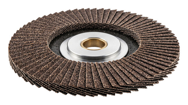 Industrial flap disc for angle grinder, abrasive sanding wheel for metal finishing, professional grinding tool on white background