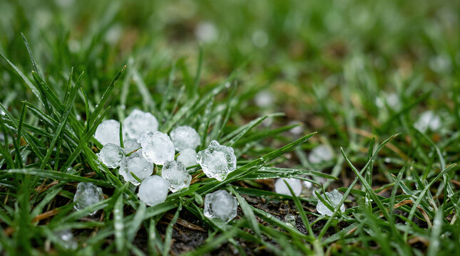 Hailstone on green grass after severe hailstorm. Close up of ice pellet on wet lawn. Extreme weather and climate change concept with frozen precipitation and winter storm damage