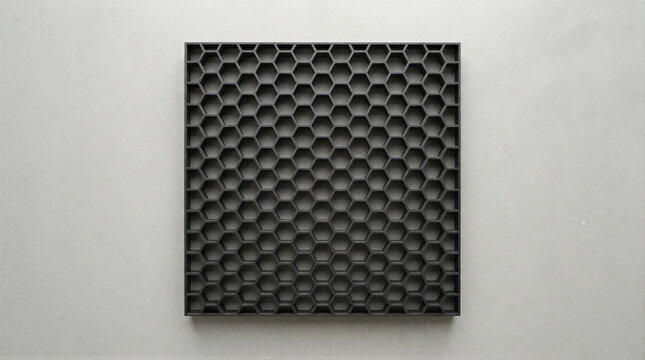 Black honeycomb grid panel with hexagonal cells on light background. Geometric modular structure and industrial design concept. Abstract architectural material pattern for engineering background