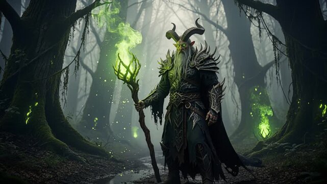 Horned armored mage stands in misty forest with glowing green staff, mossy roots