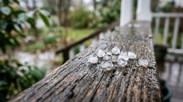 Hailstone ice on wet wooden porch railing after hailstorm. Severe winter weather and frozen precipitation concept. Climate and storm damage background for weather forecast