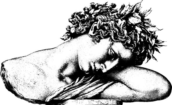 Antique engraved reclining greek marble statue fragment of aphrodite resting head for classical background and vintage decorative poster design
