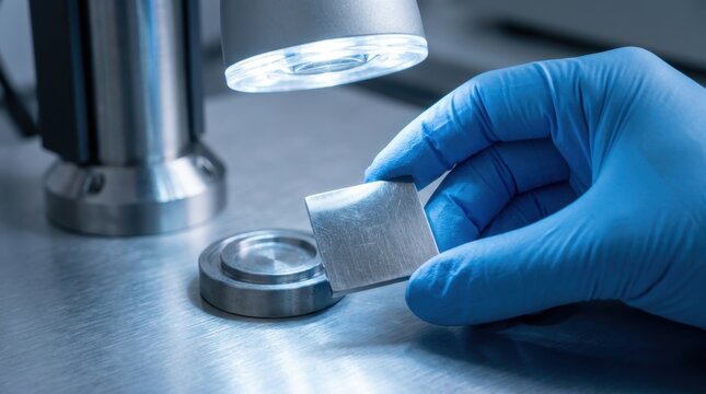 Engineer examining a cut steel sample beside a scanning electron microscope on a metal bench