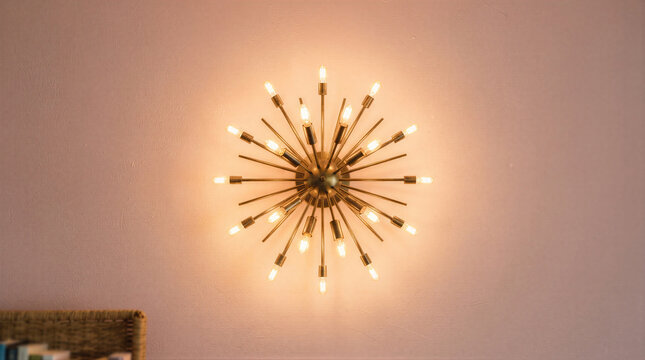 Modern gold sputnik starburst wall sconce with illuminated bulbs on light wall. Mid century interior design and ambient lighting concept for home decoration and hotel