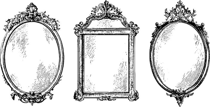 Antique engraving of three ornate decorative picture frames and mirror borders for vintage frame design and printable elements