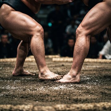 Muscular legs of sumo wrestlers facing off in traditional clay dohyo ring