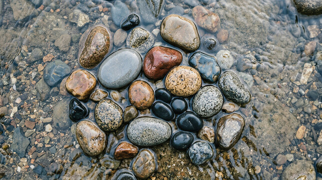 Smooth colorful pebble stone in shallow clear water of river. Natural riverbed texture with wet rounded rock. Tranquil nature background and zen calm outdoor environment concept.