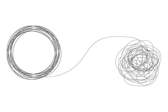 Black thin line showing transition from neat circle to messy tangled knot