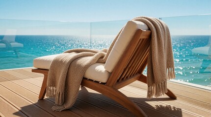 Obraz premium A cozy wooden chair with a warm blanket awaits on a sunlit balcony. The chair offers a perfect view of the sparkling blue ocean and sky. Ideal for relaxation and vacation.