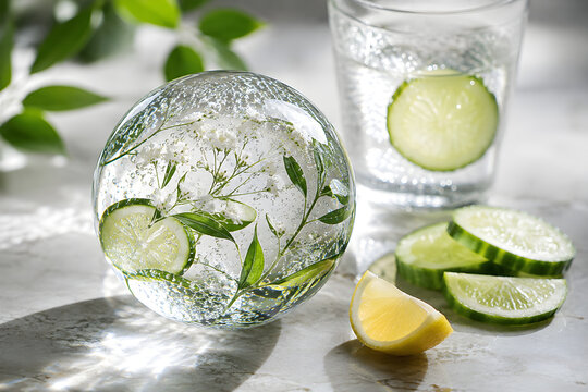 Spherical ice ball with cucumber slices and herbs frozen inside isolated on a white background