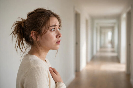 Anxious young woman glancing over shoulder in empty hallway with copy space fear concept