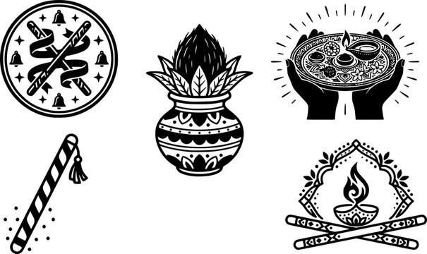 Navratri Garba festival icon set with dandiya sticks, kalash pot, and diya lamp in hands, Indian traditional black silhouette vector illustration