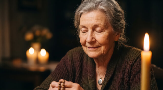 An elderly woman with her eyes closed, holding prayer beads and seemingly praying in the warm glow of candlelight. Her serene expression suggests a moment of deep contemplation or faith
