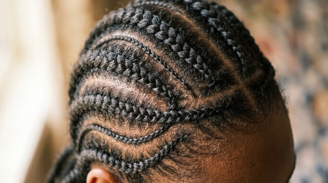 Close up of a person's head showcasing intricate cornrow braids in their dark hair. The braids are neat and well-defined, creating a stylish and fashionable look