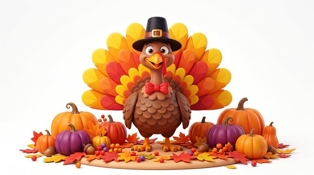Happy thanksgiving greeting with a cartoon turkey and pumpkins, isolated on transparent background