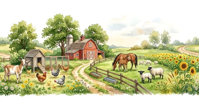 Watercolor countryside farm landscape with red barn, grazing animals, fields, and rolling hills