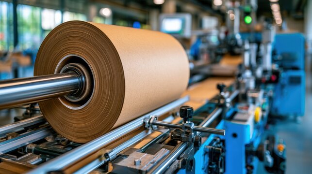 Close-up of a large brown kraft paper roll unwinding through a high-speed gift bag production machine in a modern factory setting.