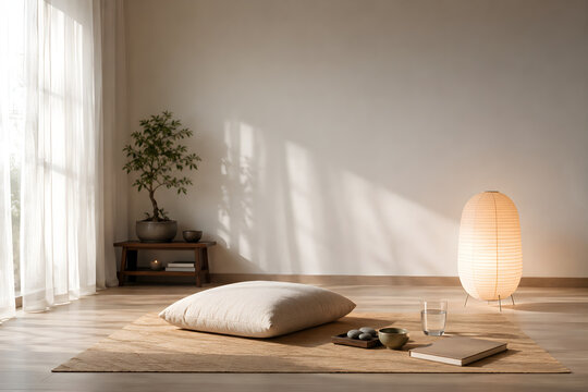 Minimalist zen meditation space with floor cushion and paper lamp in a sunlit room with copy space