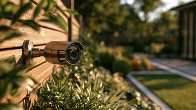 Modern wireless security camera on a wooden fence with lush garden, emphasizing home safety and outdoor monitoring.