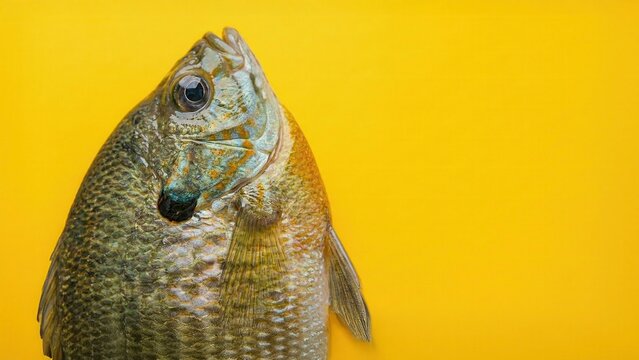 Close-up of a bluegill sunfish (Lepomis macrochirus) isolated on a vibrant yellow background, showcasing iridescent green and orange scales, a dark opercular flap, and detailed fin textures, AI generated