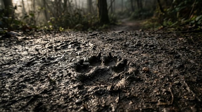 Close-up of a large animal paw print impressed in wet mud beside water, illuminated by warm natural light with detailed soil texture.