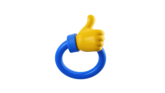 3d render of a yellow cartoon thumbs up gesture inside a blue circular frame isolated on a black background isolated on a transparent background