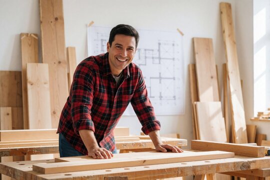 Smiling carpenter leans on workbench in workshop with lumber and blueprints. Man wears plaid shirt, blue jeans, proud of his woodwork. Ready for home improvement project.