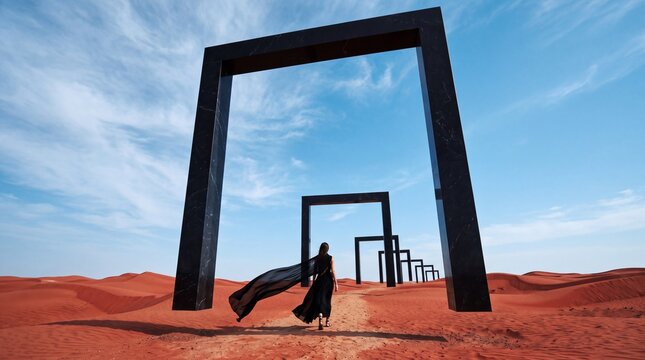 Woman Walking Through Giant Geometric Gateways in Desert
