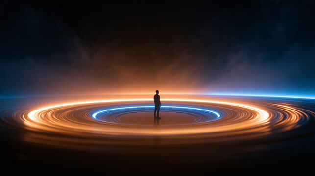 Silhouette of Person Standing Inside Glowing Futuristic Light Portal
