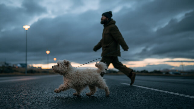 White Dog Walking on Leash with Owner at Dusk