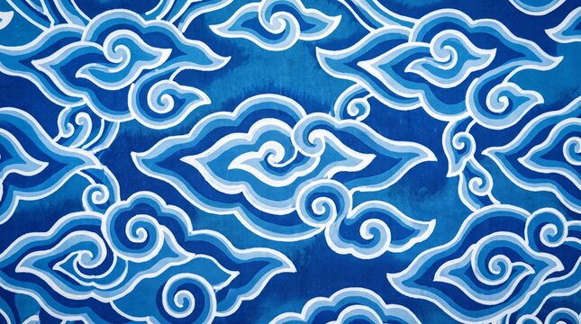 Batik Mega Mendung Cloud Pattern on Blue Fabric