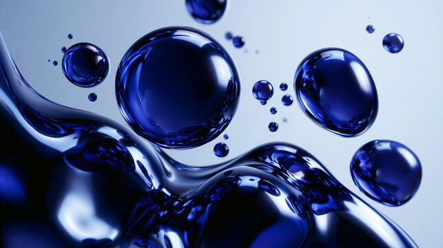Glossy Blue Liquid Droplets and Flowing Fluid Texture