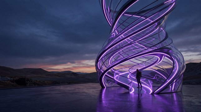 Futuristic Glowing Spiral Architectural Pavilion in Landscape at Dusk