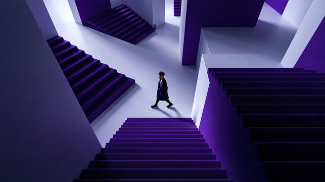 Person Navigating Surreal Minimalist Purple Staircase Maze