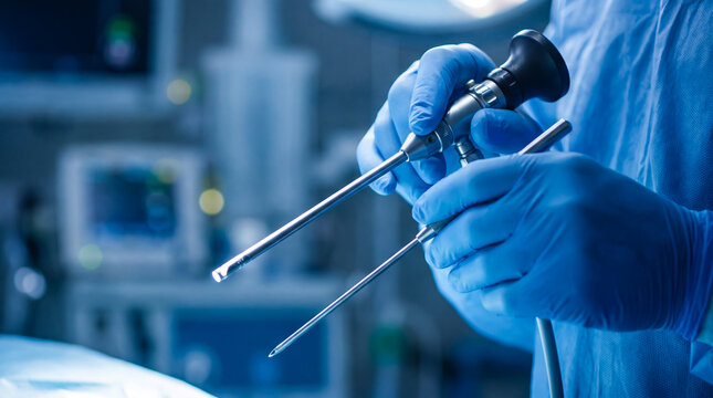 Surgeon wearing blue medical gloves holding a laparoscopic instrument in a modern hospital operating room
