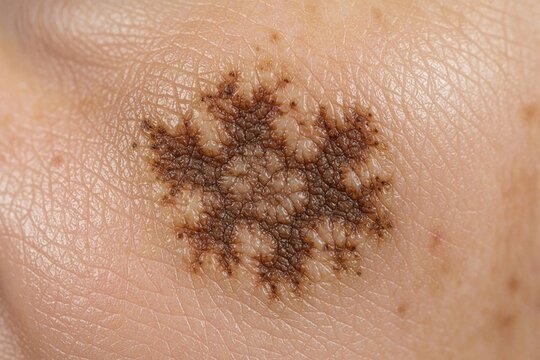 Macro view of brown seborrheic keratosis skin growth on human face. Elderly skin lesion detail shows benign growth texture. Medical dermatology close up of age spot.
