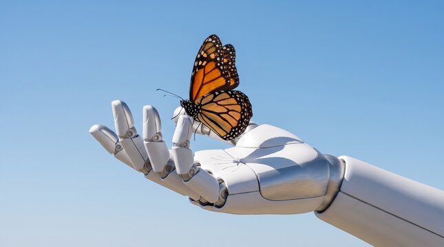 Robotic Hand Holding An Orange Monarch Butterfly Against A Blue Sky