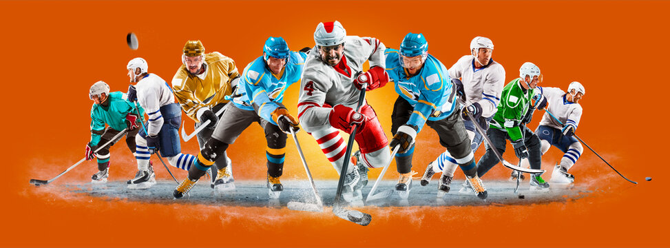 Ice hockey. Professional hockey players on an orange background. Hockey players in the game. A hockey player striving for victory and the championship title. Sport.