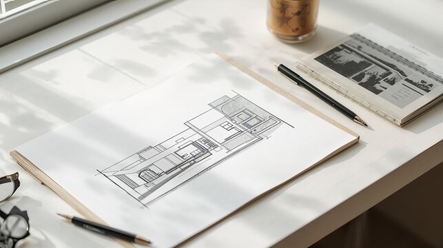 minimal architectural sketch on clean desk, hand drawing floor plan, soft natural light, calm atmosphere, linen notebook, refined interior design process, editorial photography